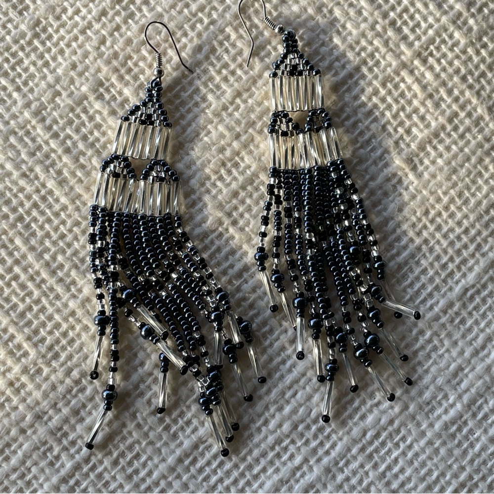 Metallic black & silvery clear fringe 4.5”+ seed & bugle bead earrings